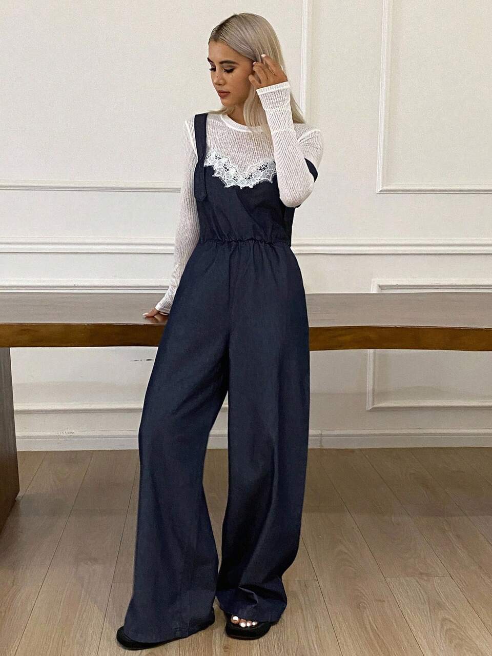Women's Lace Patchwork Casual Denim Jumpsuit And Bib Pants