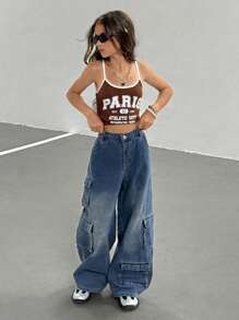 女童街头时尚休闲百搭工装不对称多口袋灰色水洗复古机车宽松直筒牛仔裤，不含 T 恤和配饰 - 藍色 - 查看 3