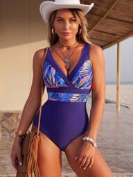 Swim SPRTY 1 Peça Maiô Casual Estampado com Planta Tropical para Mulheres