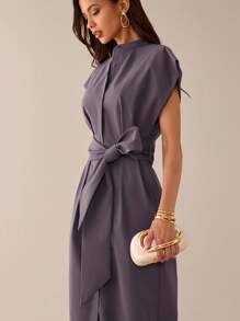 Lilora 灰色抗皱无袖衬衫裙，配有领带、腰带和口袋，适合度假、约会、街头、通勤、春夏季休闲装