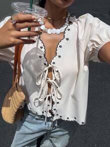 Siren Gaze Women's Summer New V-Neck Embroidered Floral Bubble Short Sleeve Front Knot Blouse Casual - Apricot - View 4