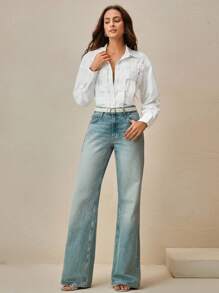 Anewsta 女士蓝色条纹格子优雅休闲宽松春夏长袖衬衫