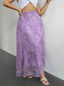 Firerie Váy lưới thêu hoa thanh lịch cỡ lớn, mùa hè - Màu tím - Xem 3