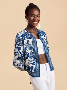 Travachic Blue And White Woven Fabric Long Sleeve Coat With Pattern And Regular Hem Blue And White Floral Jacket Printed Jacket Floral Print Cardigan Casual Jacket Women Fall Outfits Women Winter Clothes For Women - Blue and White - View 6