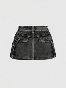 ROMWE Kawaii 大码 Y2K 拉链复古水洗低腰迷你牛仔裙 - 深灰色 - 查看 2