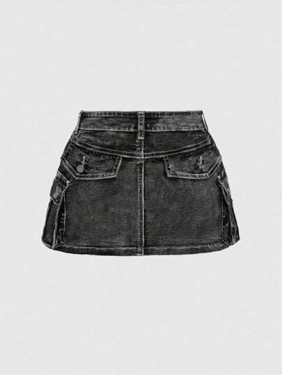 Kawaii Plus Size Y2K Zip-Up Vintage Washed Low Waist Mini Denim Skirt