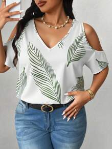 SHEIN Unity 大码 V 领露肩短袖休闲全身印花衬衫