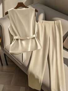 Franclia Women Commute Minimalist Sleeveless Waist Cinched Waist Elegant 2 Pieces Set