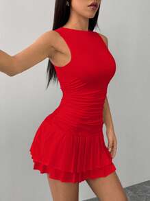 SHEIN PETITE 夏秋冬打底纯白色无袖紧身聚拢迷你双层百褶女装连衣裙 - 紅色 - 查看 7