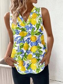 SHEIN Clasi Casual Vacation Style Orange Lemon All Over Print Pattern Women's Tank Top, Suitable For Summer Vacation Lemon Print Top Summer Tops Women Yellow Top Women Women Sleeveless Top Tops Women Summer Suitable For Going Out - Multicolor - View 4