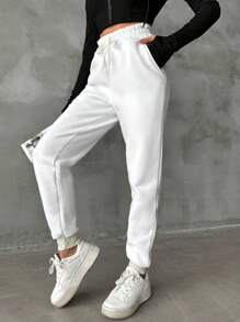SHEIN PETITE Cotton Slant Pocket Drawstring Sweatpants - White - View 3