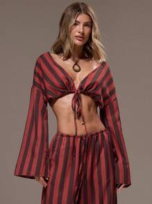 MUSERA V Neck Stripe Long Sleeve Tie Waist Top Cropped Long Sleeve Button Up Stripe Shirt Spring, Summer Casual, Cute Fall