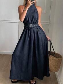 Livesso Western Cowgirl Sleeveless Cinched Waist A-Line Midi Skirt Casual Holiday Denim Dress For Women, Summer