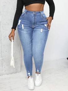 Slaydiva Quần Jeans Denim Xanh Cạp Cao Cỡ Lớn, Ôm Sát Gợi Cảm, Có Vết Xước - Rửa trung bình - Xem 1