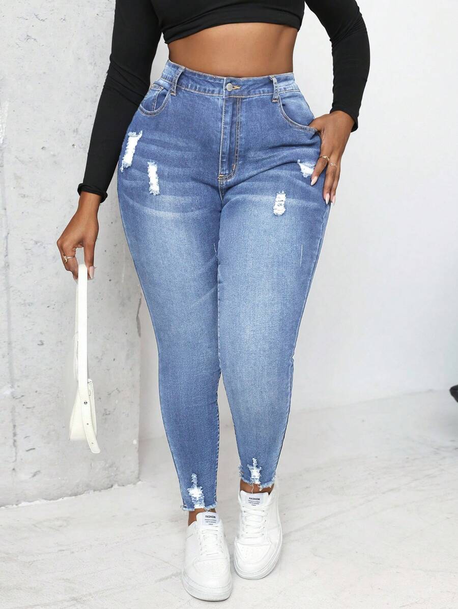 Slaydiva Quần Jeans Denim Xanh Cạp Cao Cỡ Lớn, Ôm Sát Gợi Cảm, Có Vết Xước - Rửa trung bình - Xem 1