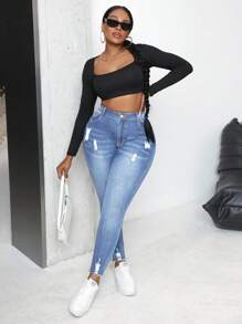 Slaydiva Quần Jeans Denim Xanh Cạp Cao Cỡ Lớn, Ôm Sát Gợi Cảm, Có Vết Xước - Rửa trung bình - Xem 4