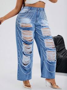 SHEIN EZwear 大码女式珍珠链装饰破洞宽松阔腿牛仔裤，休闲街头时尚 - 彩色 - 查看 6
