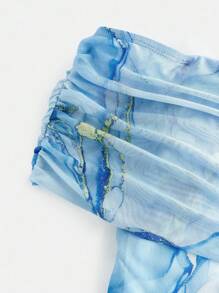 Girlism 少女蓝色针织花卉印花露肩褶皱长裙，优雅复古，返校/派对服装，生日服装，舞会礼服，派对礼服，亮粉色连衣裙，婚纱，夏季连衣裙，夏季修身网眼扎染 - 藍色 - 查看 3