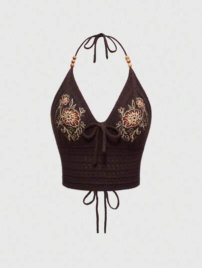 Fairycore Botanical Embroidered Floral Tie Bow Sleeveless Plunging Neck Sexy Beige Knit Vacation Beach Halter Top For Women