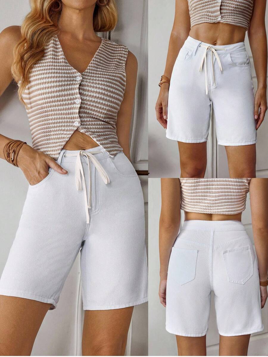 Breezaya Women's Casual Versatile Solid Color Denim Shorts, Summer - White - View 1