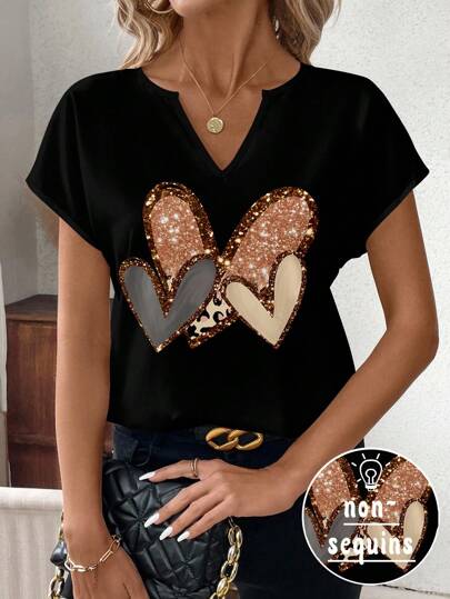 SHEIN Clasi 情人节修身缺口领短袖衬衫，带有心形印花，适合夏季情人节心形衬衫