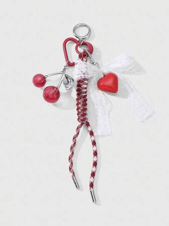 Kawaii 1 pezzo Ciondolo in resina e acrilico dal design elegante e alla moda a forma di cuore con fiocco in pizzo e cordino sfumato intrecciato, versatile come portachiavi, charm per telefono, decorazione per borse, adatto per donne e ragazze, regalo ideale