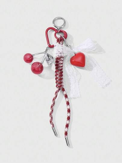 Kawaii 1pc Fashionable & Elegant Resin Cherry Acrylic Heart Design With Lace Bow & Ombre Braided Cord, Versatile Keychain, Phone Charm, Bag Decor, Suitable For Women, Girls, Ideal Gift