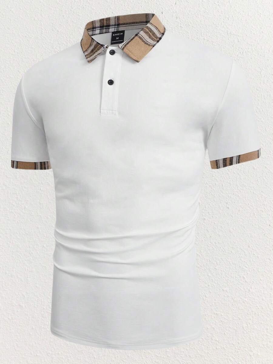 Manfinity BRENVOR Men Contrast Plaid Collar Polo Shirt, Fashion Work Button Shirt