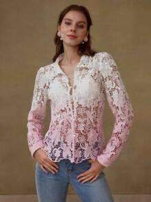 MOTF PREMIUM PINK OMBRE HOLLOW GUIPURE LACE RHINESTONE DECORATIVE CASUAL SUMMER TOP FOR WOMEN - Pink - View 7