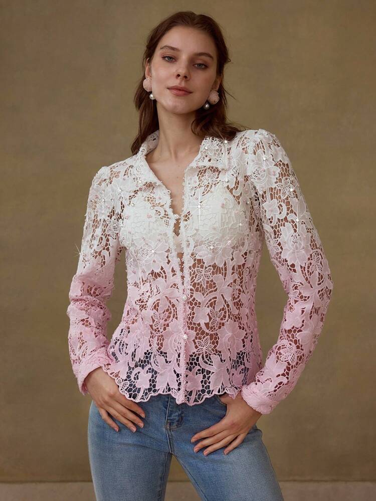 PINK OMBRE HOLLOW GUIPURE LACE RHINESTONE DECORATIVE CASUAL SUMMER TOP FOR WOMEN