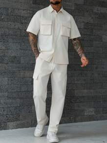 Manfinity Homme Men's Summer Casual Simple Flap Pocket Short Sleeve Shirt And Pants Set Men Two Piece Set,Men 2 Piece Set,Men Summer Outfits - Apricot - View 6