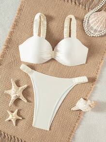 Swim Chiccia 女式纯色宽肩带露背比基尼套装上衣和下装，性感比基尼夏季泳装套装 - 米色 - 查看 7