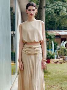 Chiquease Green Women's Casual Sleeveless Top & Pleated Long Skirt 2 Pieces Set - Apricot - View 4