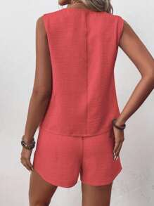 EMERY ROSE 2 Pieces Women Solid Color Sleeveless V-Neck Top And Shorts Set - Watermelon Pink - View 2
