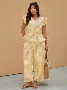Elaquor 2pcs Plus Size Women's Checkerboard Cap Sleeve Summer Ruffle Hem Top And Pants Set - Yellow - View 3