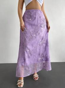 Firerie Váy lưới thêu hoa thanh lịch cỡ lớn, mùa hè - Màu tím - Xem 5