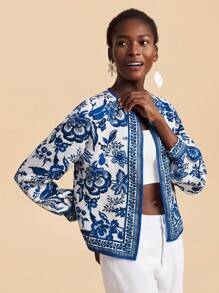 Travachic Blue And White Woven Fabric Long Sleeve Coat With Pattern And Regular Hem Blue And White Floral Jacket Printed Jacket Floral Print Cardigan Casual Jacket Women Fall Outfits Women Winter Clothes For Women - Blue and White - View 5
