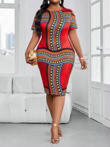 SHEIN Lady Abito midi a maglia con scollo tondo, colorato, elegante stile boho, adatto per l'ufficio e il tempo libero, taglie forti, vestiti eleganti da donna, look raffinati