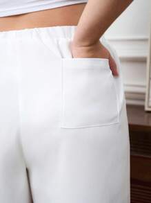 SHEIN Tall CURVE 大码纯色抽绳腰袋休闲宽松裤 - 白色 - 查看 3