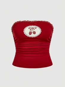 SHEIN MOD Top halter de verano con estampado de cerezas para tallas grandes, top tubo rojo sin tirantes estilo Y2K para fiestas