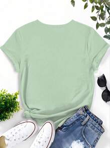 INAWLY Casual Cat Slogan Print Short Sleeve T-Shirt For Summer - Green - View 2