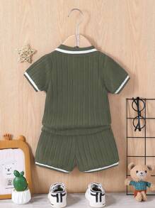 SHEIN Vintaside Kids 2pcs Baby Boy Navy Blue Polo Shirt And Shorts Set, Ribbed Fabric, Suitable For Daily Outdoor Play, School, Vacation - Elegant Style, Fits Casual Family, Sports And Party Outfits, Toddler Infant Unisex Summer - Army Green - View 2