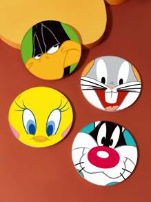 LOONEY TUNES X SHEIN 杯垫4件套，吸水饮料杯垫带支架，热带度假风格陶瓷饮料杯垫，用于保护桌面，茶几装饰，非常适合家居装饰，搬家礼物 - 彩色 - 查看 6