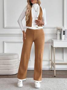 SHEIN LUNE Women's Casual Brown And White Contrast Color V-Neck Button Down Top And Long Pants Knit Set,Autumn 2 Pieces Set Outfits For Women,Casual,Occasion - Brown - View 4