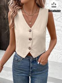 SHEIN LUNE Office Lady V-Neck Solid Color Single Breasted Vest Shirt For Women
