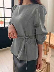 Women Round Neck Puff Sleeve Solid Color Long Sleeve Casual Shirt Lantern Sleeve Blouse - Grey - View 5