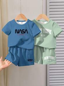 2pcs/Set Summer Kids Boys' Casual Letter Print Round Neck T-Shirt & Shorts Set