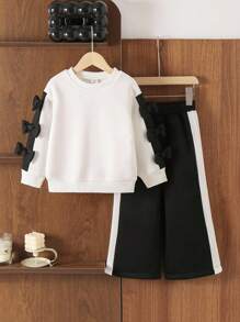 2pcs Sweatshirt Set, Crew Neck Bow Sleeve Top & Side Stripe Pants Outfit Young Girls Two Pieces Set For Back-To-School, Autumn, Career Day, Fall Winter - Black and White - View 1