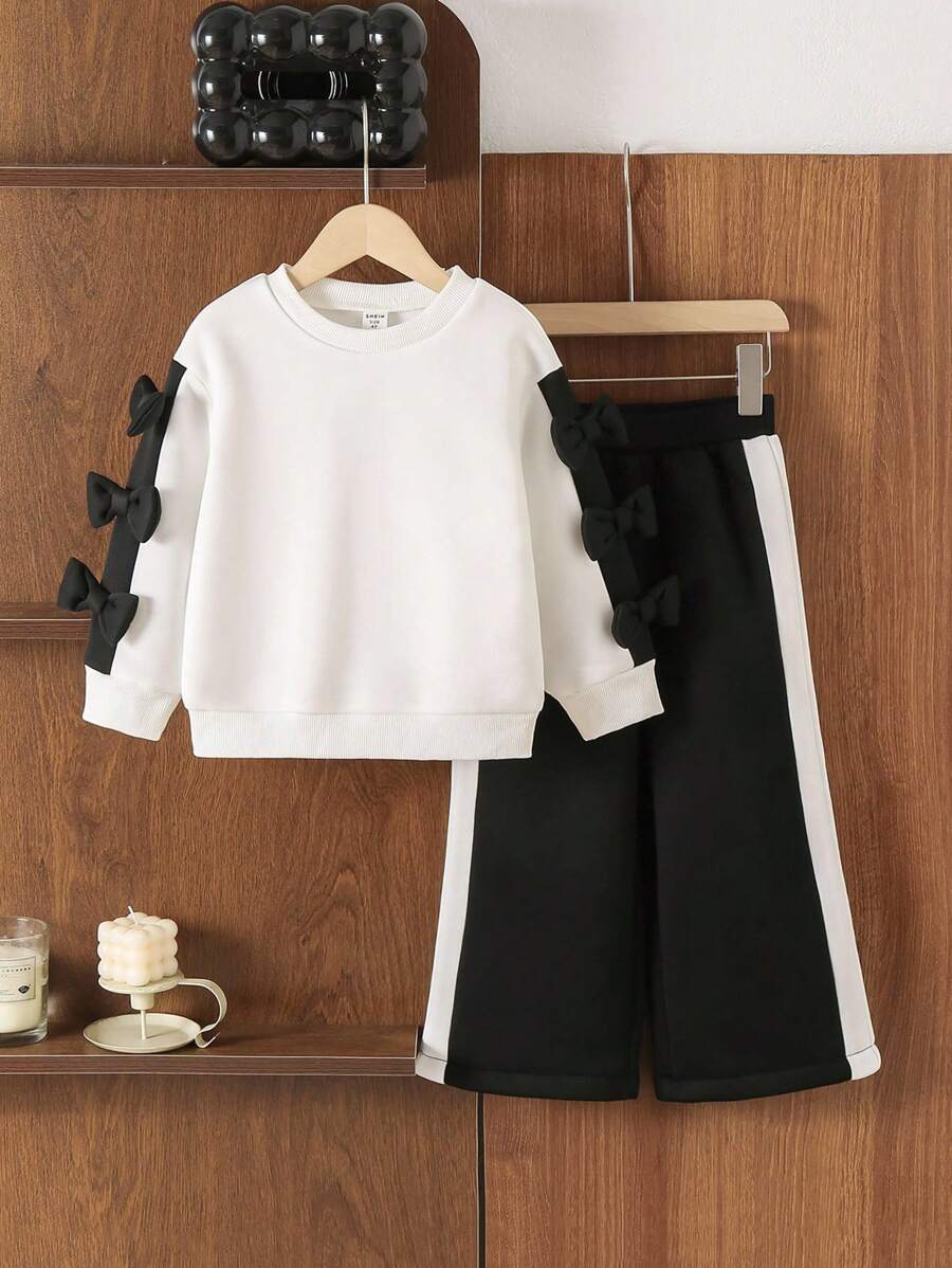 2pcs Sweatshirt Set, Crew Neck Bow Sleeve Top & Side Stripe Pants Outfit Young Girls Two Pieces Set For Back-To-School, Autumn, Career Day, Fall Winter - Black and White - View 1