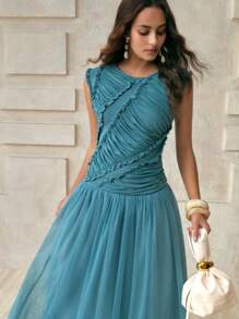 Aveloria 女士无袖褶皱宽肩不对称剪裁褶皱拼接网纱下摆长裙度假风女士沙滩装女士教师装乡村演唱会装度假装巡航装女士夏装 - 霧霾藍 - 查看 6